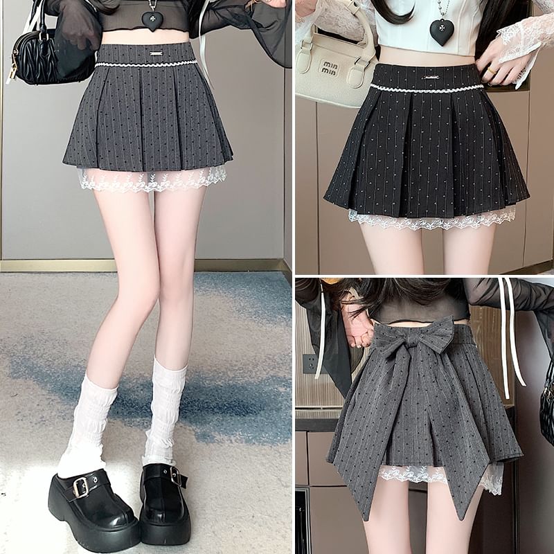 High Mini Print Lace Panel Waist A-Line Heart Skirt Bow