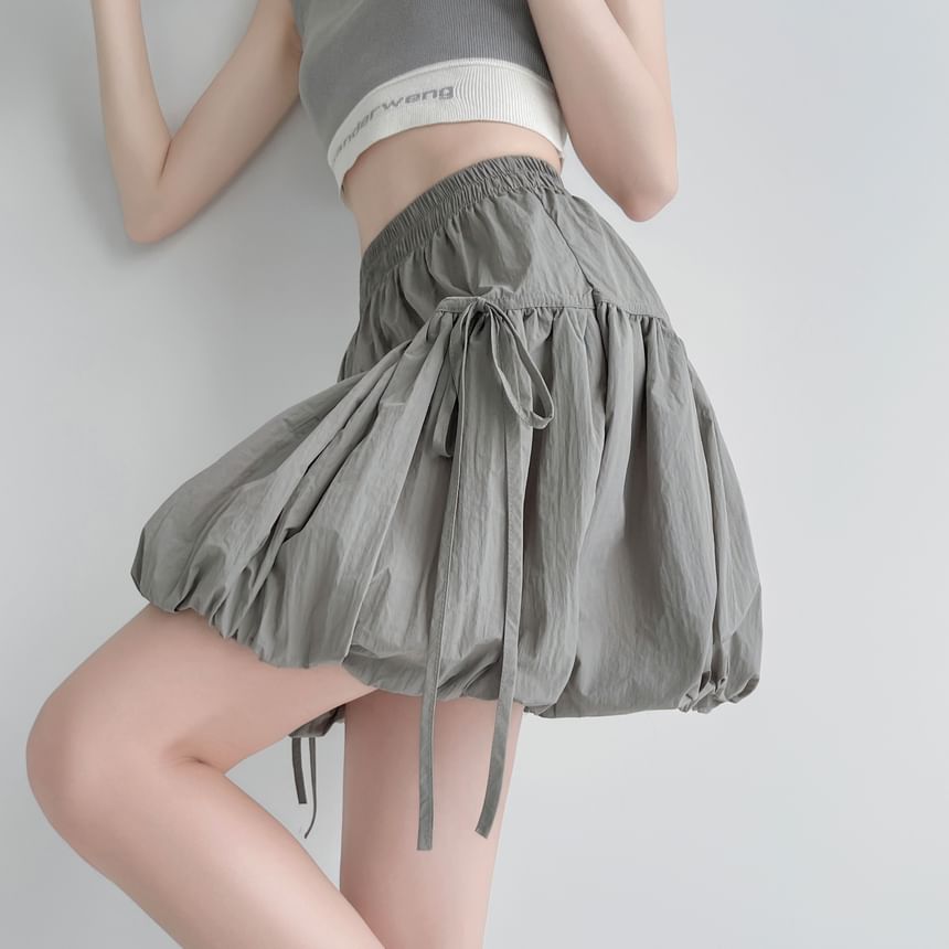 A-Line Mini Bow Elastic Plain Bubble Hem Skirt Waist
