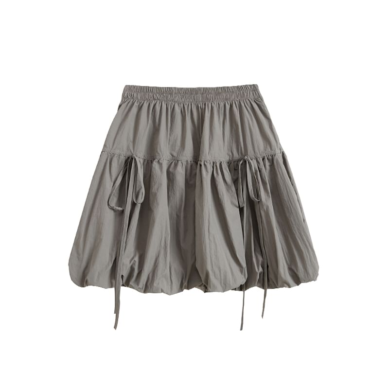 A-Line Mini Bow Elastic Plain Bubble Hem Skirt Waist