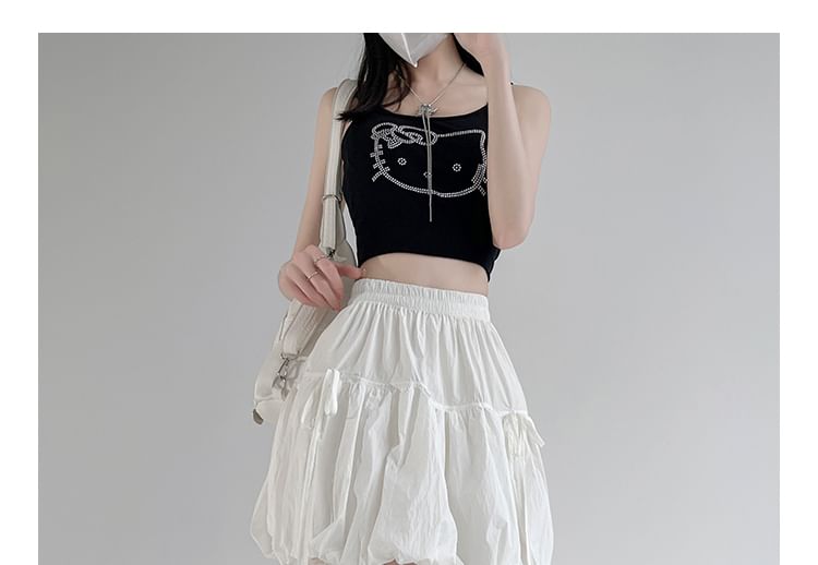 A-Line Mini Bow Elastic Plain Bubble Hem Skirt Waist