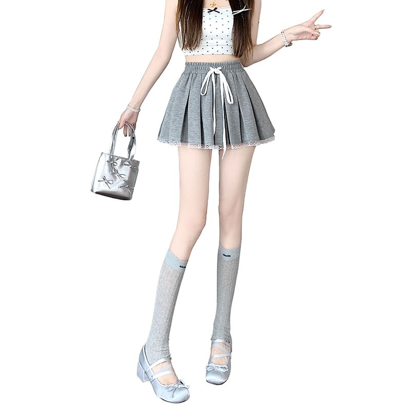 A-Line Waist Lace Mini Drawstring Pleated Skirt Trim