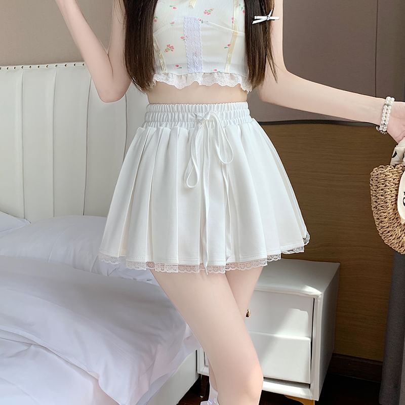 A-Line Waist Lace Mini Drawstring Pleated Skirt Trim