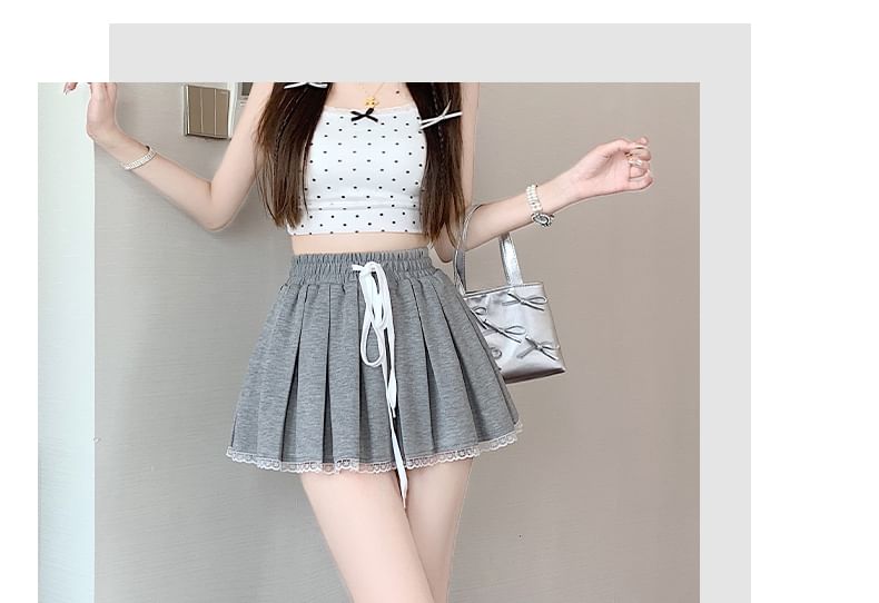 A-Line Waist Lace Mini Drawstring Pleated Skirt Trim