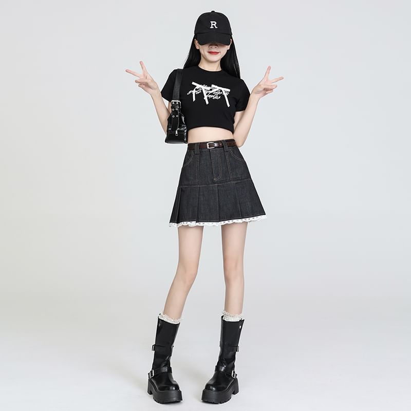Trim Skort Denim High Waist Lace Pleated