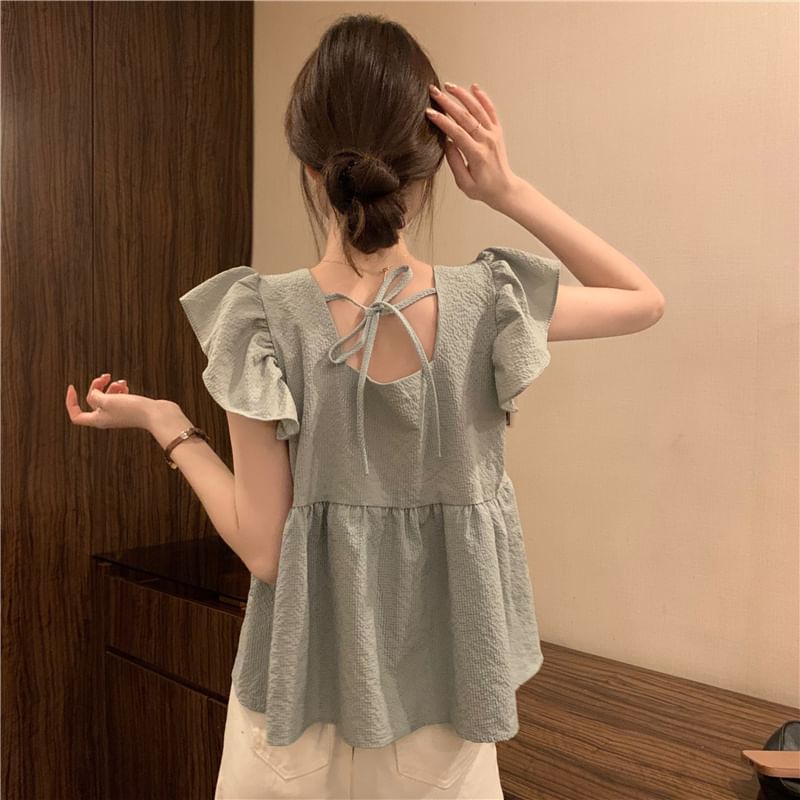 Peplum Plain Blouse Cap-Sleeve