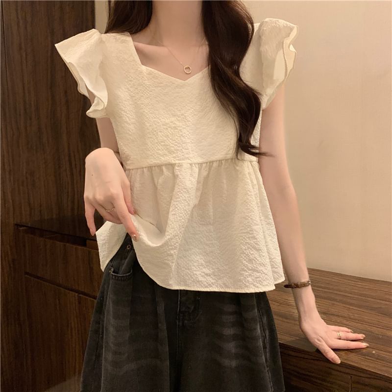 Peplum Plain Blouse Cap-Sleeve