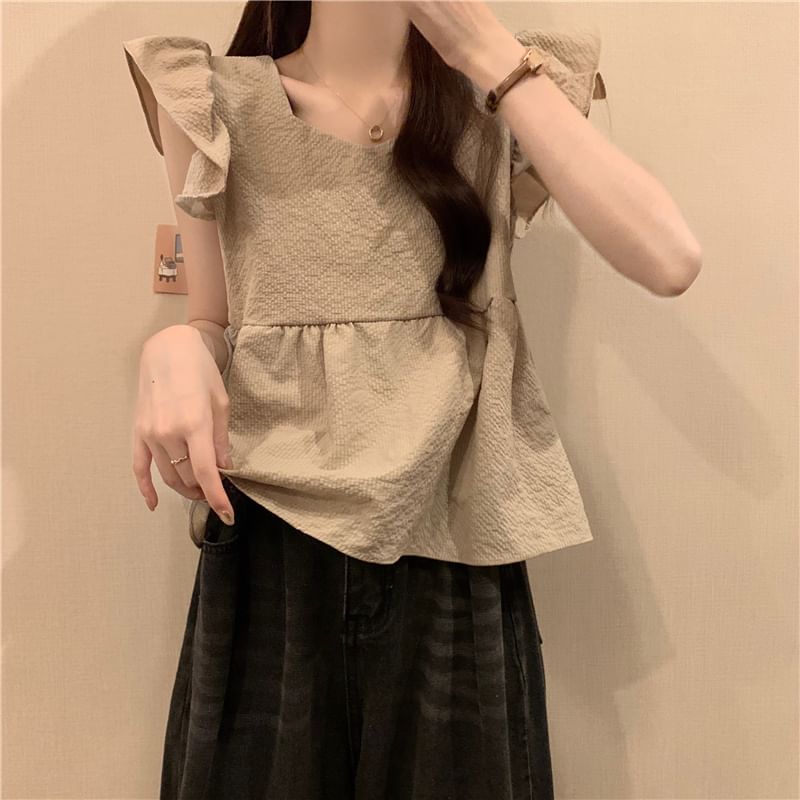 Peplum Plain Blouse Cap-Sleeve