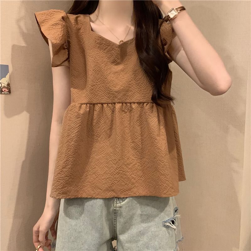 Peplum Plain Blouse Cap-Sleeve