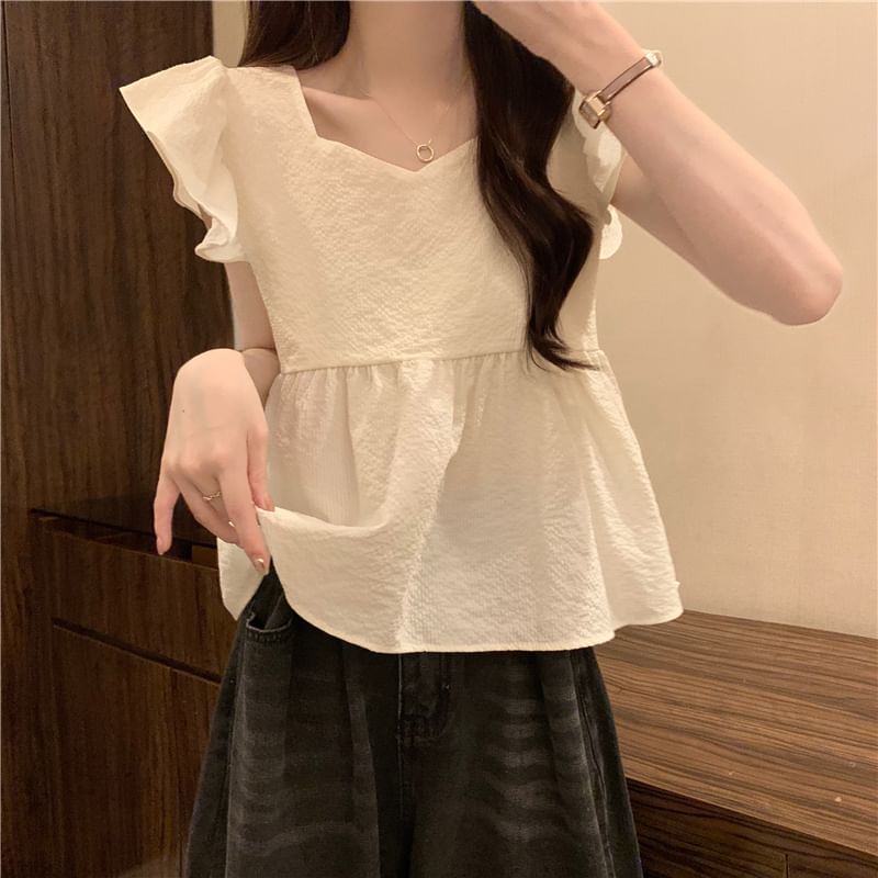 Peplum Plain Blouse Cap-Sleeve