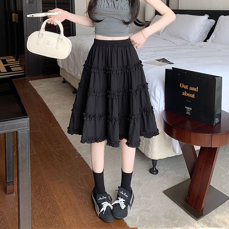 Skirt Ruffle Plain Elastic Tiered A-Line Trim Waist