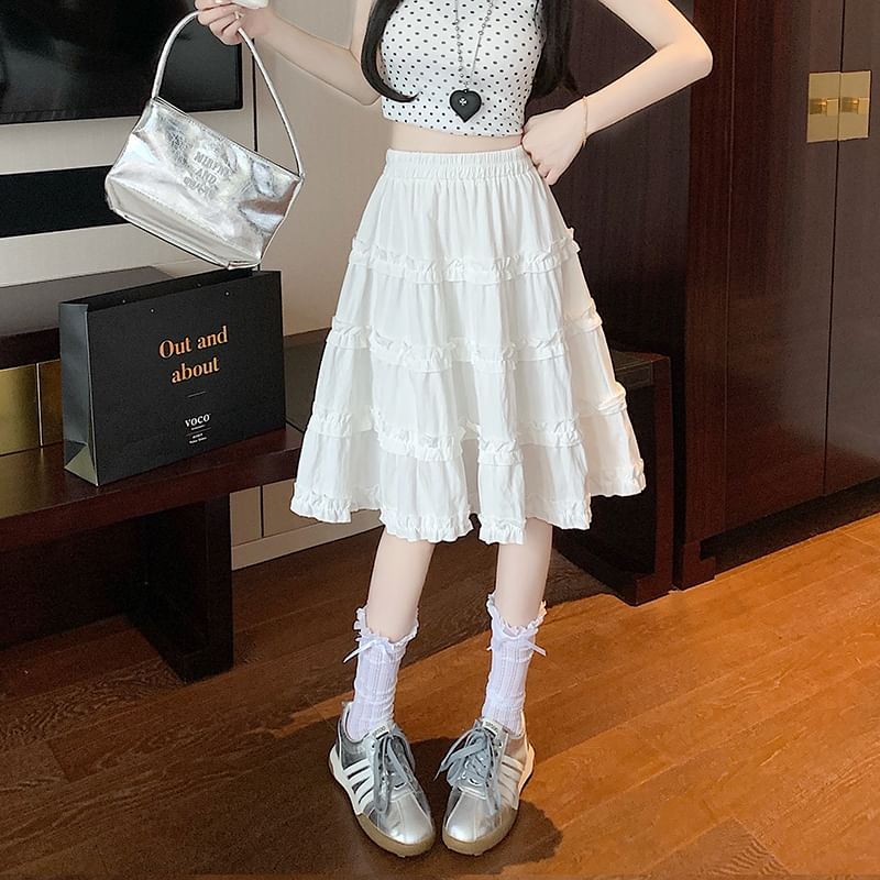 Skirt Ruffle Plain Elastic Tiered A-Line Trim Waist