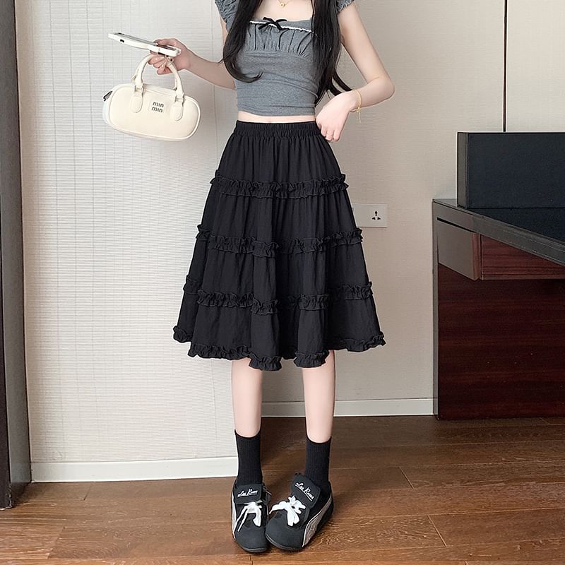 Skirt Ruffle Plain Elastic Tiered A-Line Trim Waist
