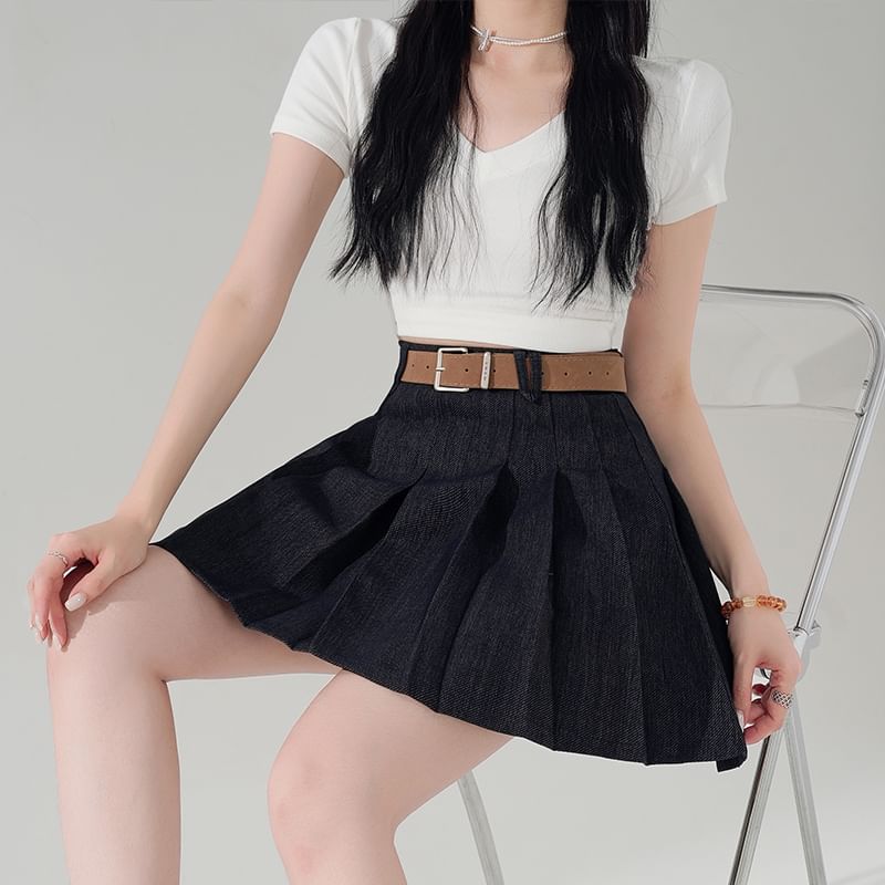Waist High Skirt Denim A-Line Pleated Mini