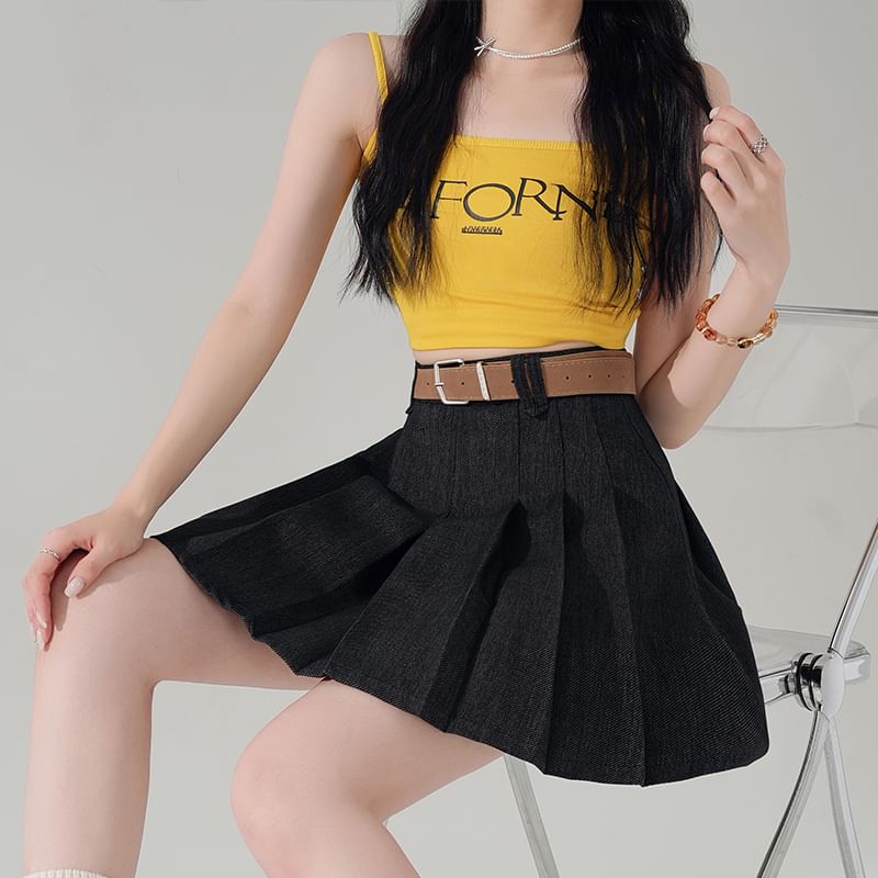 Waist High Skirt Denim A-Line Pleated Mini