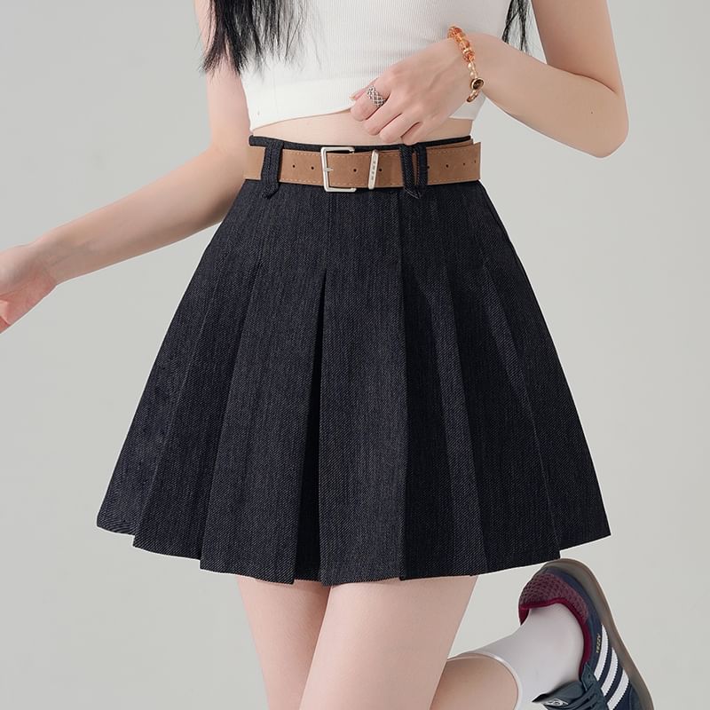 Waist High Skirt Denim A-Line Pleated Mini