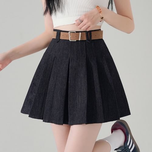 Waist High Skirt Denim A-Line Pleated Mini
