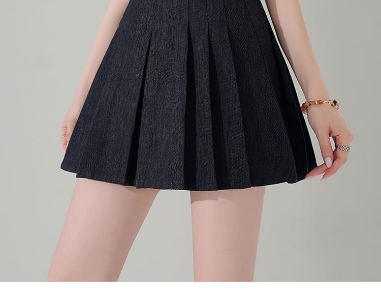 Waist High Skirt Denim A-Line Pleated Mini