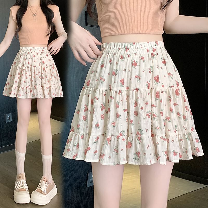 Floral Skirt A-Line Waist Tiered Elastic Mini
