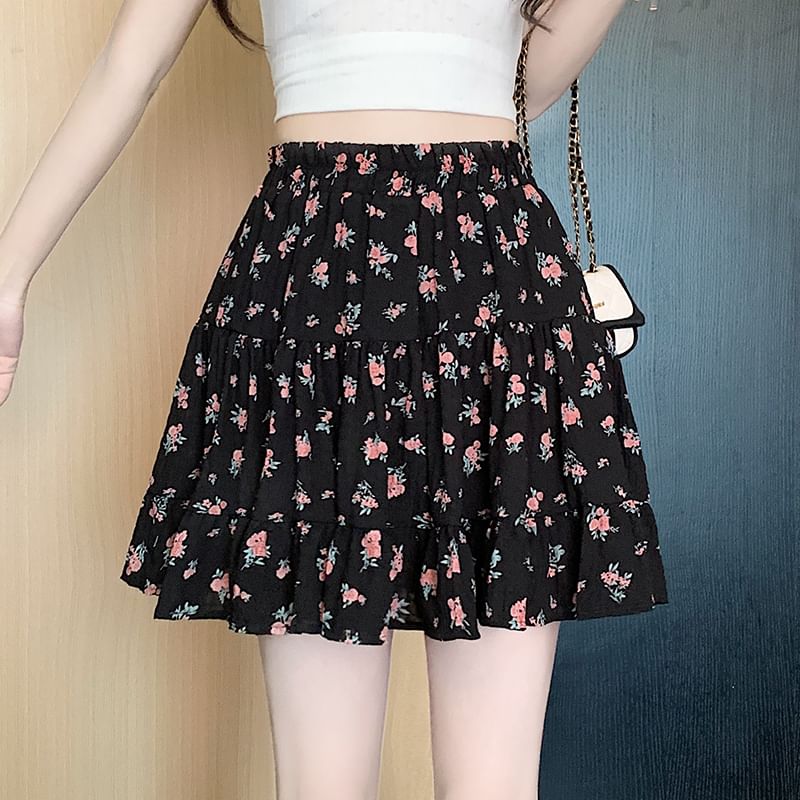 Floral Skirt A-Line Waist Tiered Elastic Mini