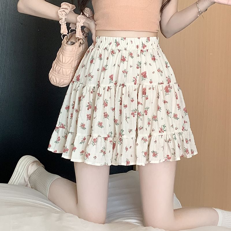 Floral Skirt A-Line Waist Tiered Elastic Mini