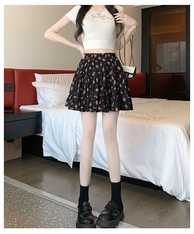 Floral Skirt A-Line Waist Tiered Elastic Mini