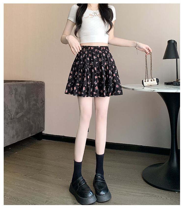 Floral Skirt A-Line Waist Tiered Elastic Mini