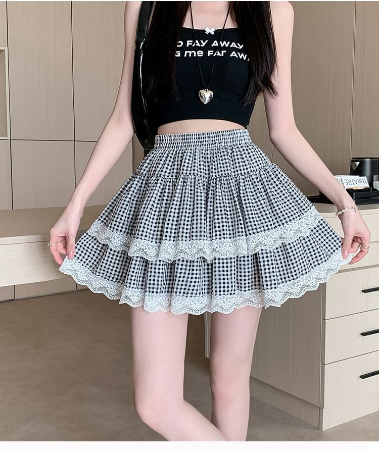 Skirt Lace Mini A-Line Waist Tiered Elastic Plaid Trim