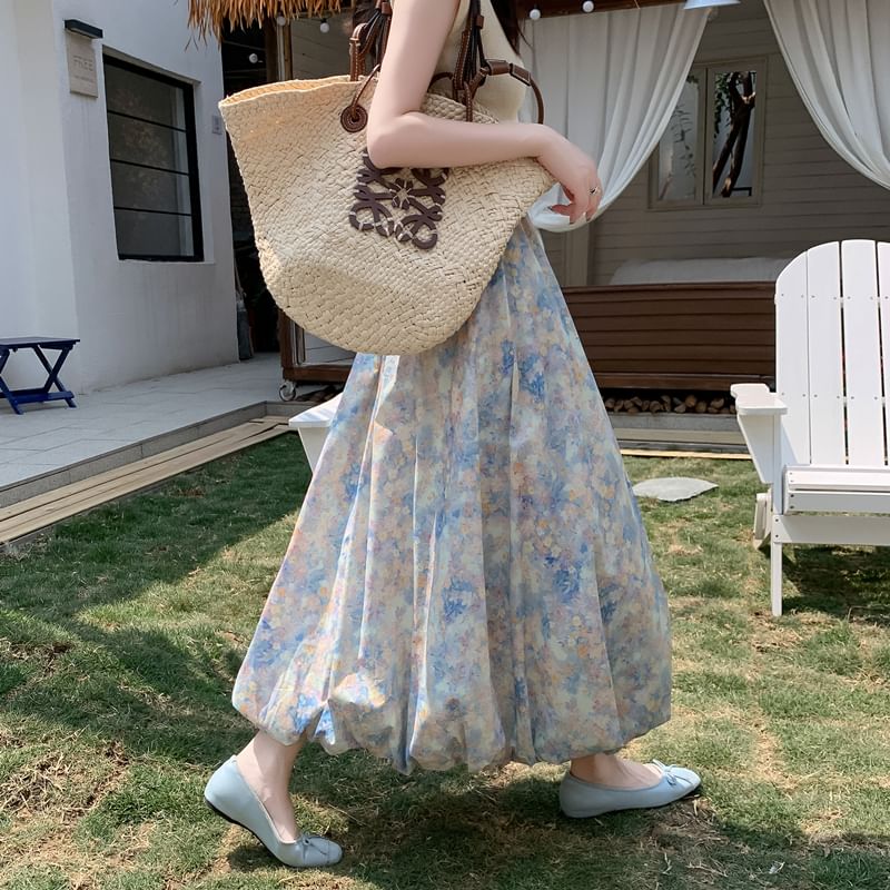 Midi Floral Waist Skirt Elastic A-Line