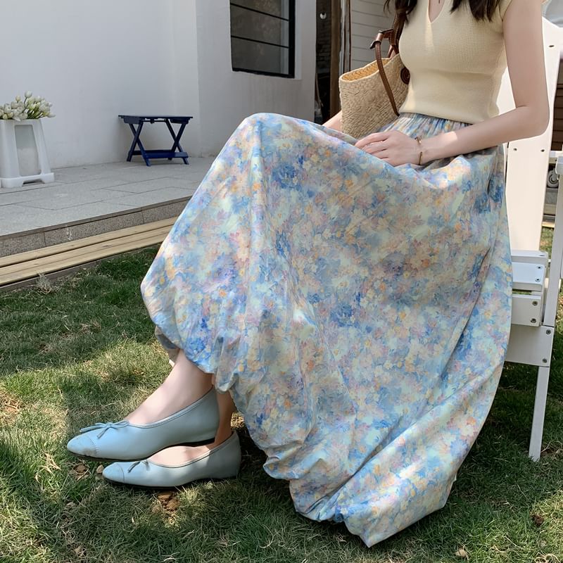 Midi Floral Waist Skirt Elastic A-Line