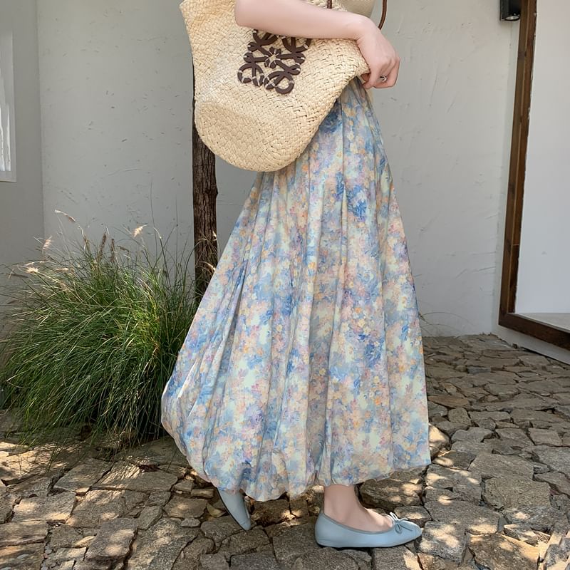 Midi Floral Waist Skirt Elastic A-Line