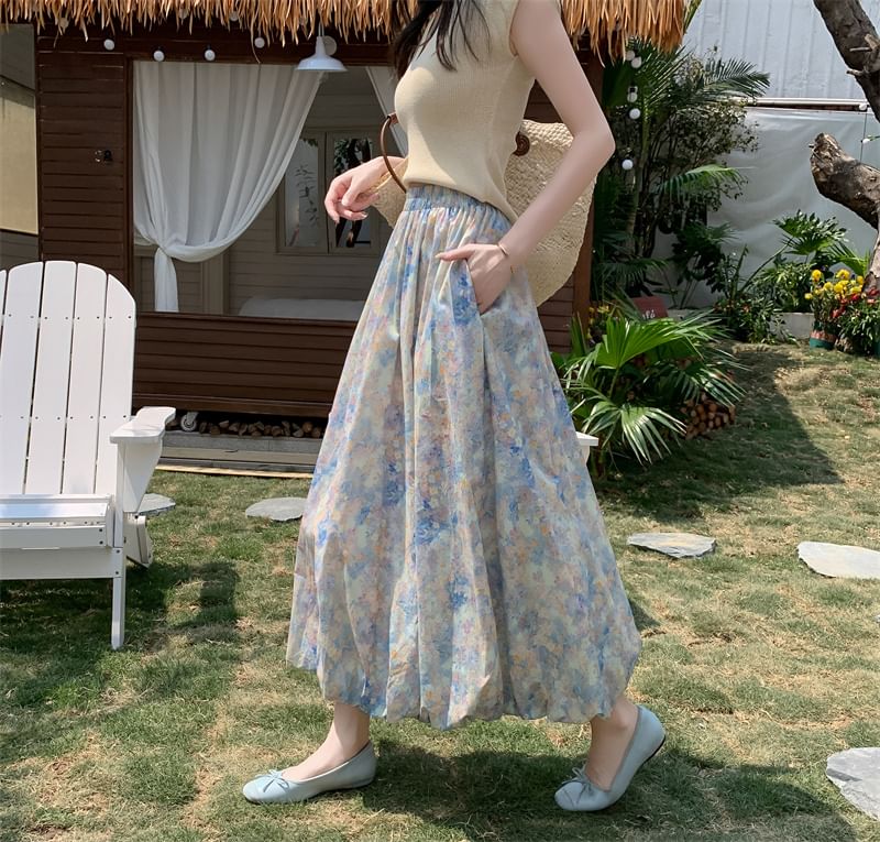 Midi Floral Waist Skirt Elastic A-Line