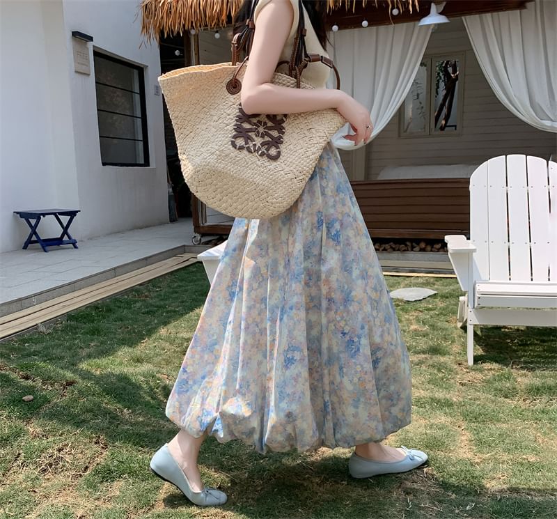 Midi Floral Waist Skirt Elastic A-Line