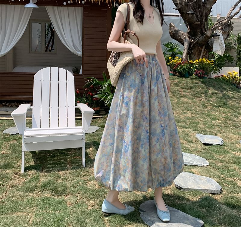 Midi Floral Waist Skirt Elastic A-Line