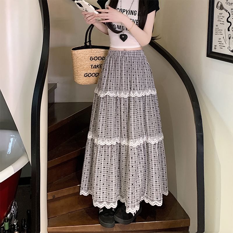Lace Tiered Plaid Waist Trim Elastic Maxi Dotted Skirt A-Line