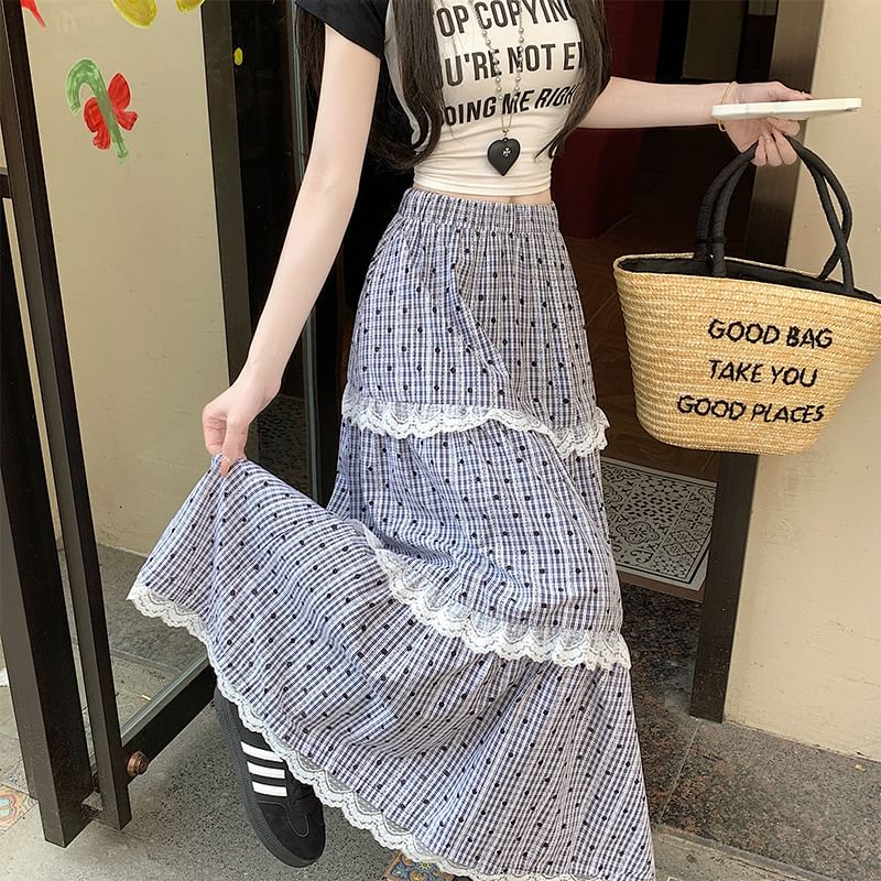 Lace Tiered Plaid Waist Trim Elastic Maxi Dotted Skirt A-Line