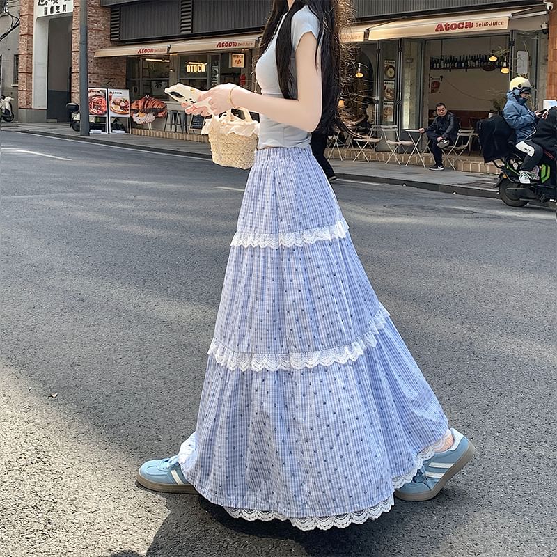 Lace Tiered Plaid Waist Trim Elastic Maxi Dotted Skirt A-Line