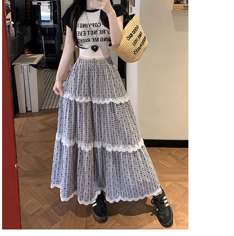 Lace Tiered Plaid Waist Trim Elastic Maxi Dotted Skirt A-Line
