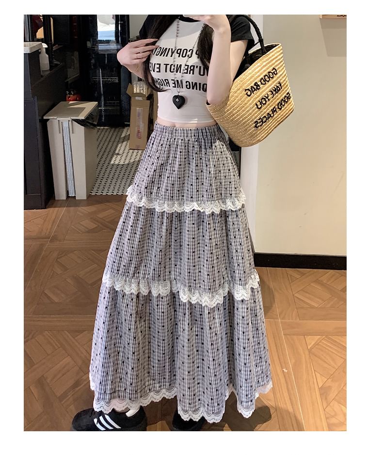 Lace Tiered Plaid Waist Trim Elastic Maxi Dotted Skirt A-Line