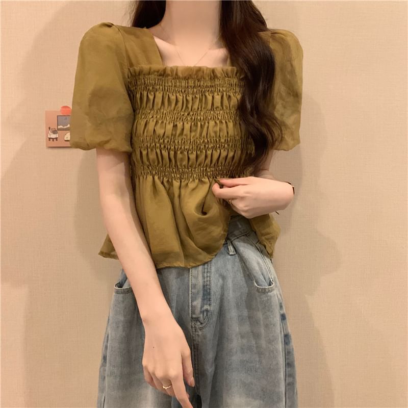 Neck Blouse Peplum Ruched Square Short-Sleeve Plain