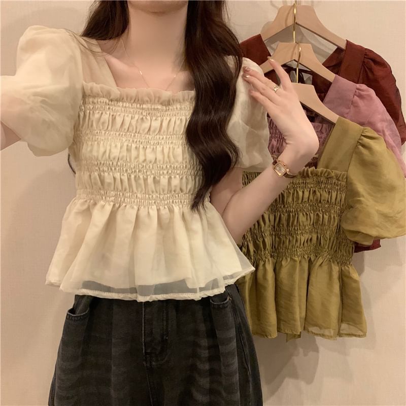 Neck Blouse Peplum Ruched Square Short-Sleeve Plain