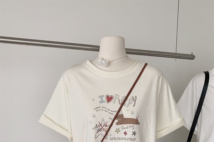 Neck Tee Cartoon Short-Sleeve Crew Print