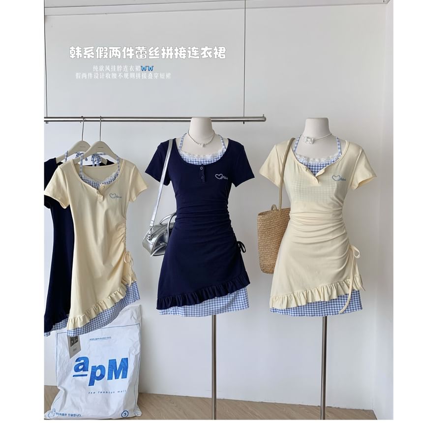 Sheath Two-Piece Panel Short-Sleeve Mini Dress Plaid Scoop Embroidered Mock Drawstring Heart Neck