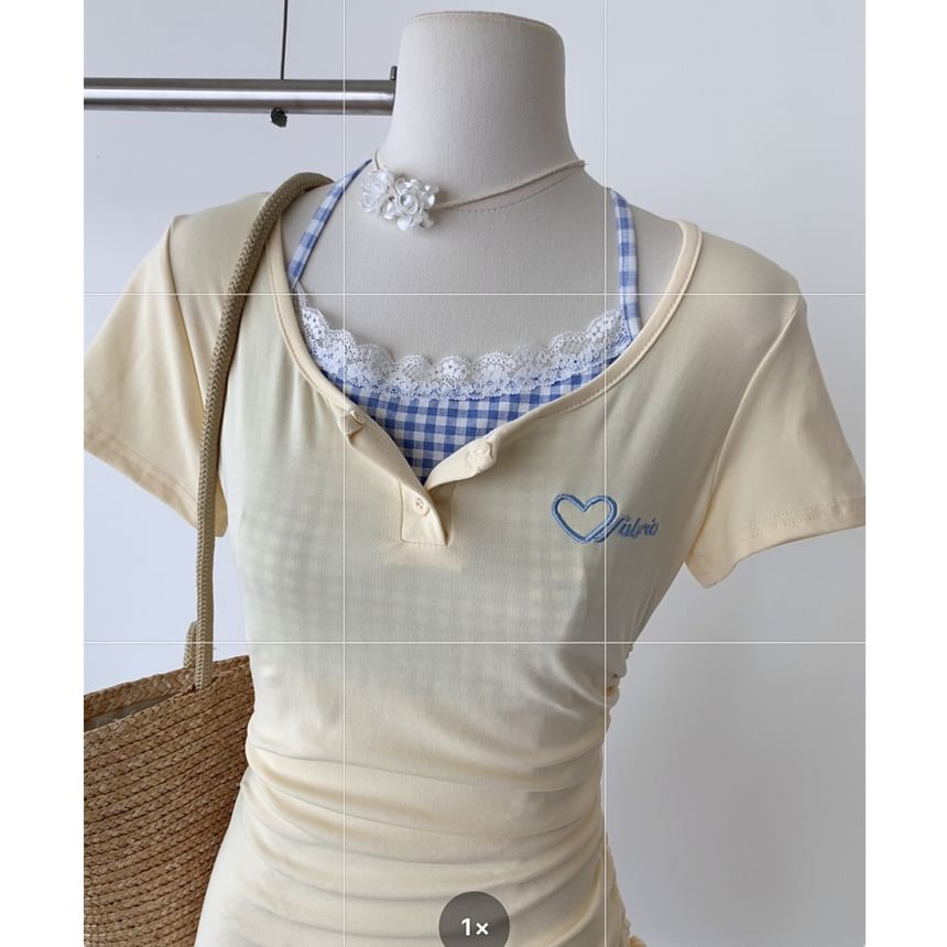 Sheath Two-Piece Panel Short-Sleeve Mini Dress Plaid Scoop Embroidered Mock Drawstring Heart Neck