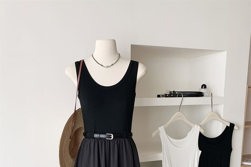 Dress Neck Scoop Plain A-Line Midi Sleeveless