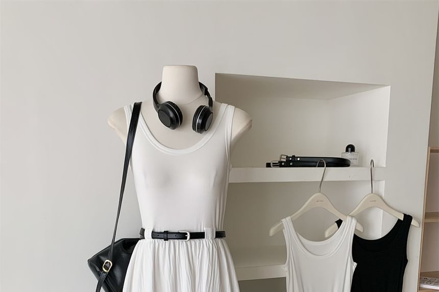 Dress Neck Scoop Plain A-Line Midi Sleeveless