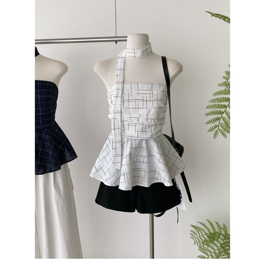 Peplum Set: + Plaid Skinny Tube Scarf Top