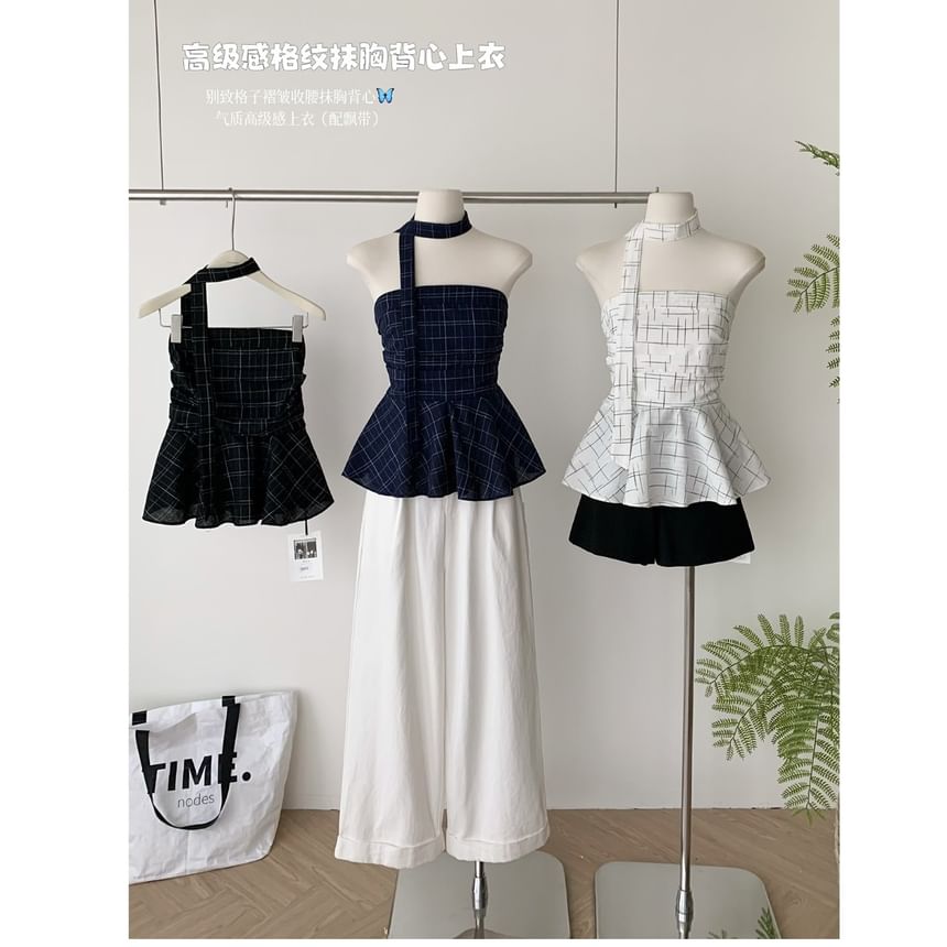 Peplum Set: + Plaid Skinny Tube Scarf Top