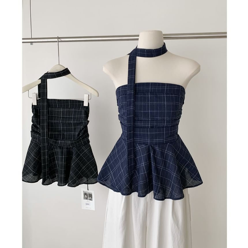 Peplum Set: + Plaid Skinny Tube Scarf Top