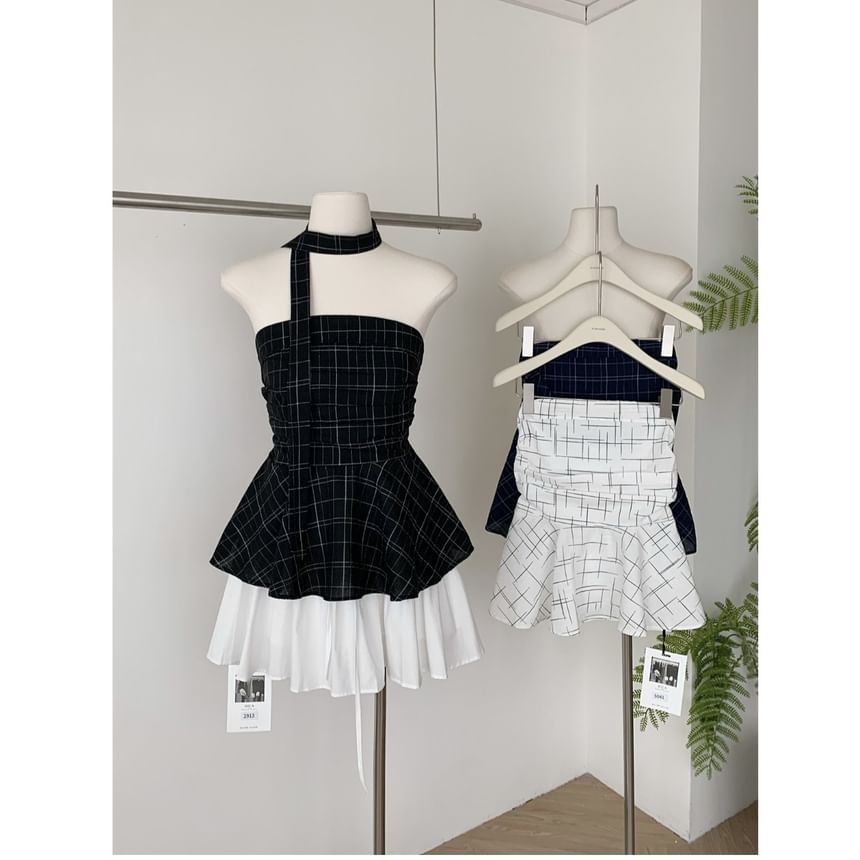 Peplum Set: + Plaid Skinny Tube Scarf Top