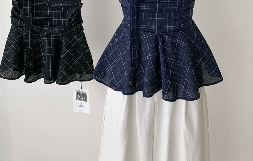 Peplum Set: + Plaid Skinny Tube Scarf Top